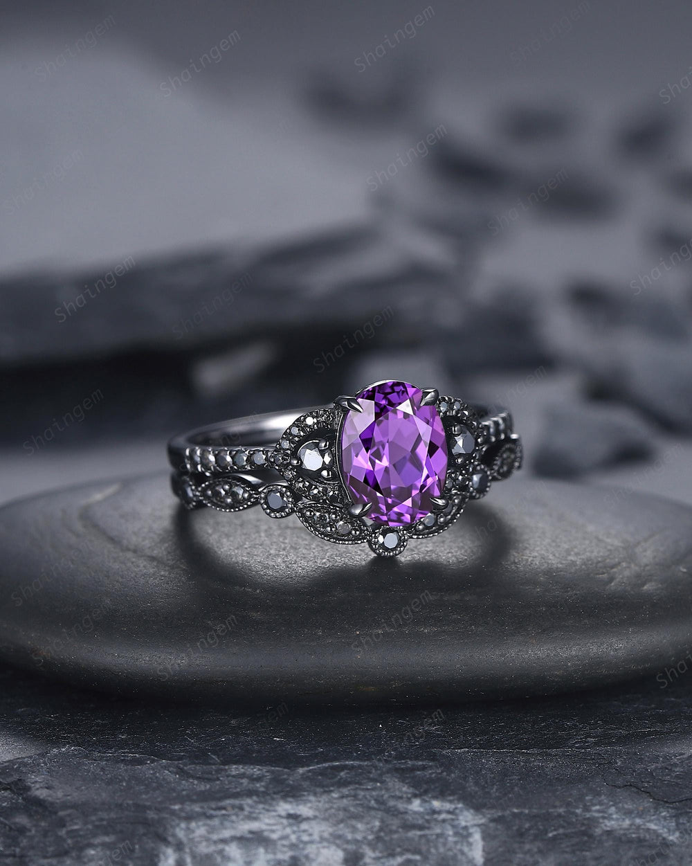 Vintage Oval Shape Purple Sapphire Black Engagement Ring Set, Gothic Black Gold Promise Ring Bridal Set, Unique Rhodium Black Witchy Ring - ShainJewelry