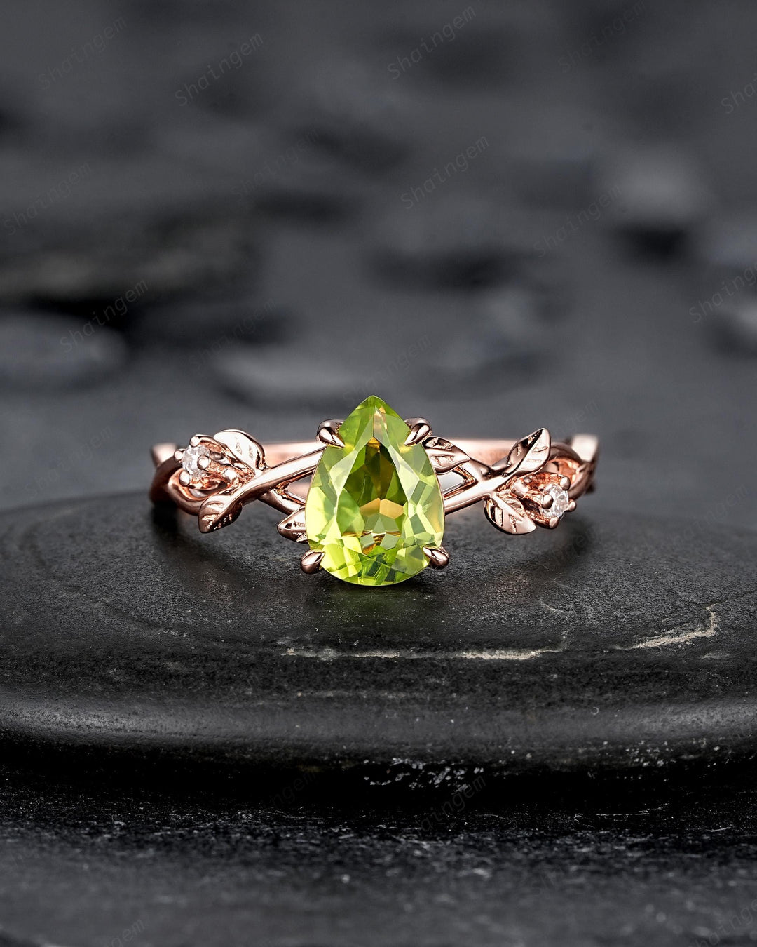 Nature Inspired Pear Shape Peridot Leaf Engagement Ring, Rose Gold Vine Wedding Ring, Twig Branch Promise Ring for Women August Birthstone - ShainJewelry