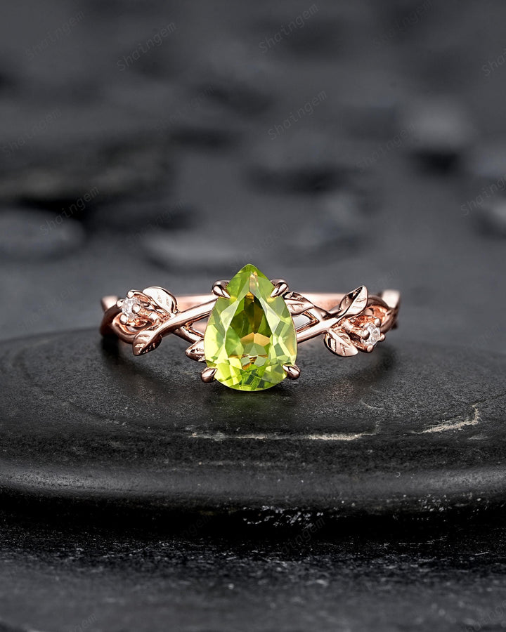 Nature Inspired Pear Shape Peridot Leaf Engagement Ring, Rose Gold Vine Wedding Ring, Twig Branch Promise Ring for Women August Birthstone - ShainJewelry