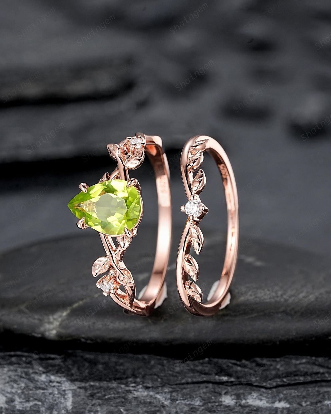 Nature Inspired Pear Shape Peridot Leaf Engagement Ring, Rose Gold Vine Wedding Ring, Twig Branch Promise Ring for Women August Birthstone - ShainJewelry