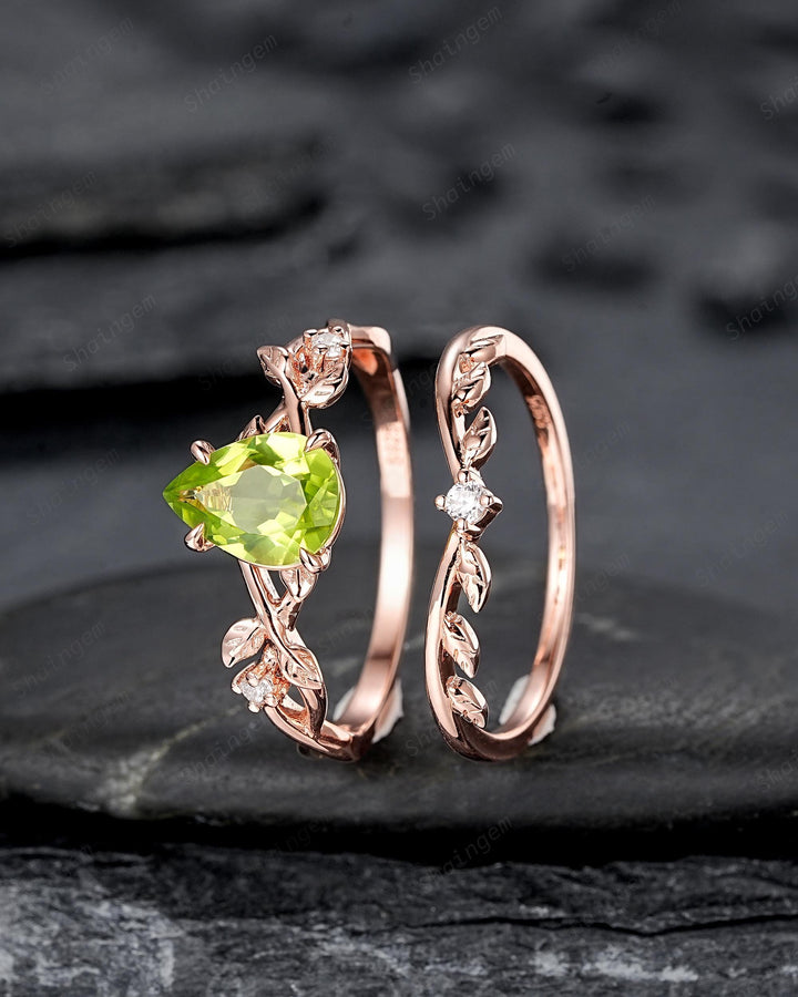 Nature Inspired Pear Shape Peridot Leaf Engagement Ring, Rose Gold Vine Wedding Ring, Twig Branch Promise Ring for Women August Birthstone - ShainJewelry