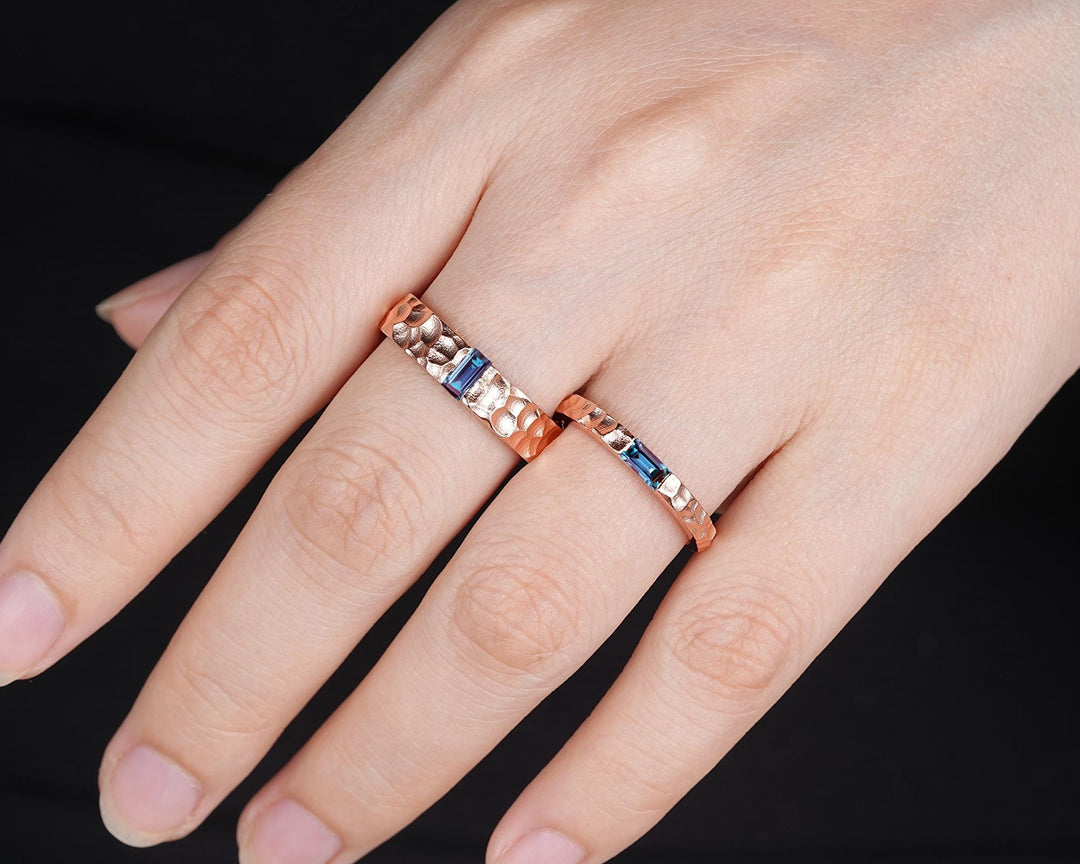 Hammered Design His and Hers Baguette Alexandrite Couple Ring Set, Rose Gold Wedding Band, Matching Band, Promise Ring Men's Women's Band - ShainJewelry