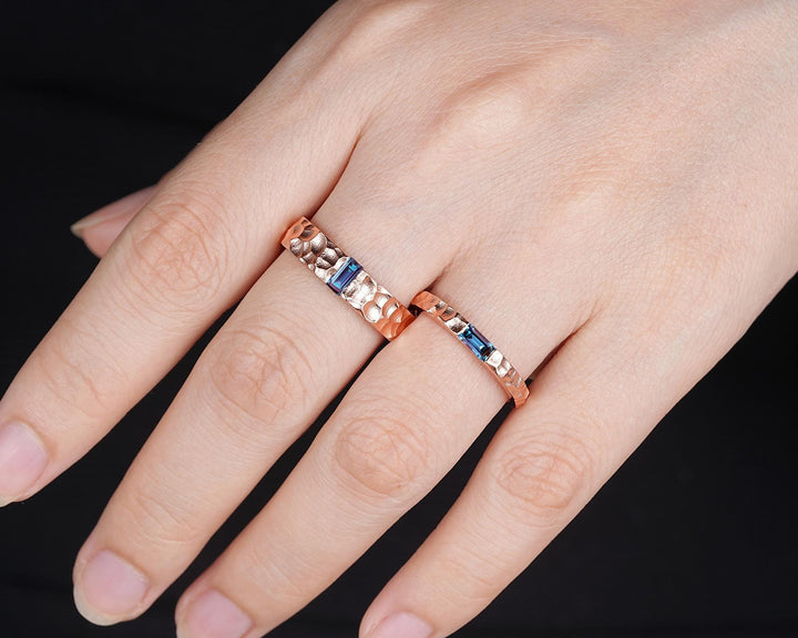 Hammered Design His and Hers Baguette Alexandrite Couple Ring Set, Rose Gold Wedding Band, Matching Band, Promise Ring Men's Women's Band - ShainJewelry