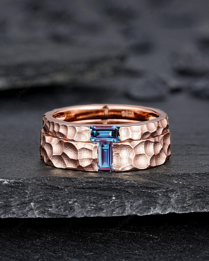 Hammered Design His and Hers Baguette Alexandrite Couple Ring Set, Rose Gold Wedding Band, Matching Band, Promise Ring Men's Women's Band - ShainJewelry