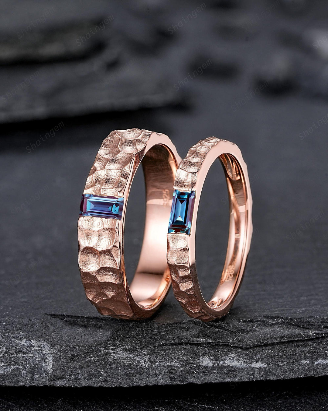 Hammered Design His and Hers Baguette Alexandrite Couple Ring Set, Rose Gold Wedding Band, Matching Band, Promise Ring Men's Women's Band - ShainJewelry