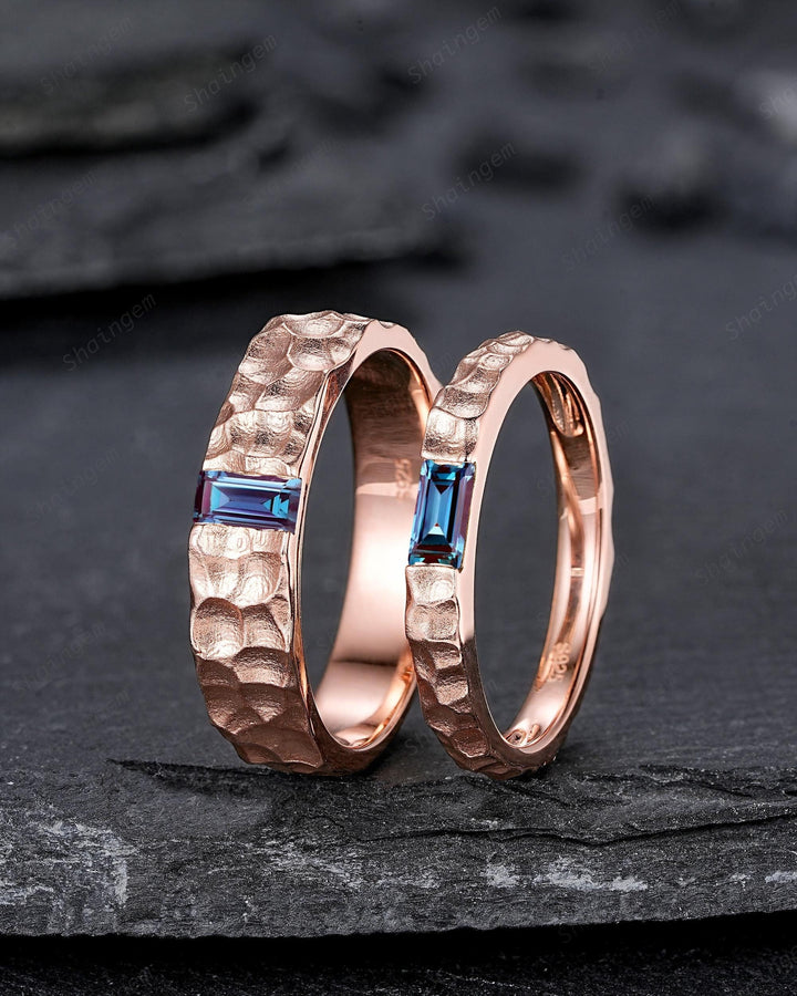 Hammered Design His and Hers Baguette Alexandrite Couple Ring Set, Rose Gold Wedding Band, Matching Band, Promise Ring Men's Women's Band - ShainJewelry