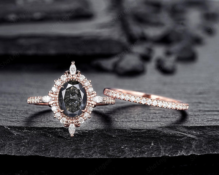 Natural Salt and Pepper Diamond Halo Engagement Ring, Peekaboo Setting Gray Diamond Floral Promise Ring Rose Gold Black Diamond Wedding Ring - ShainJewelry
