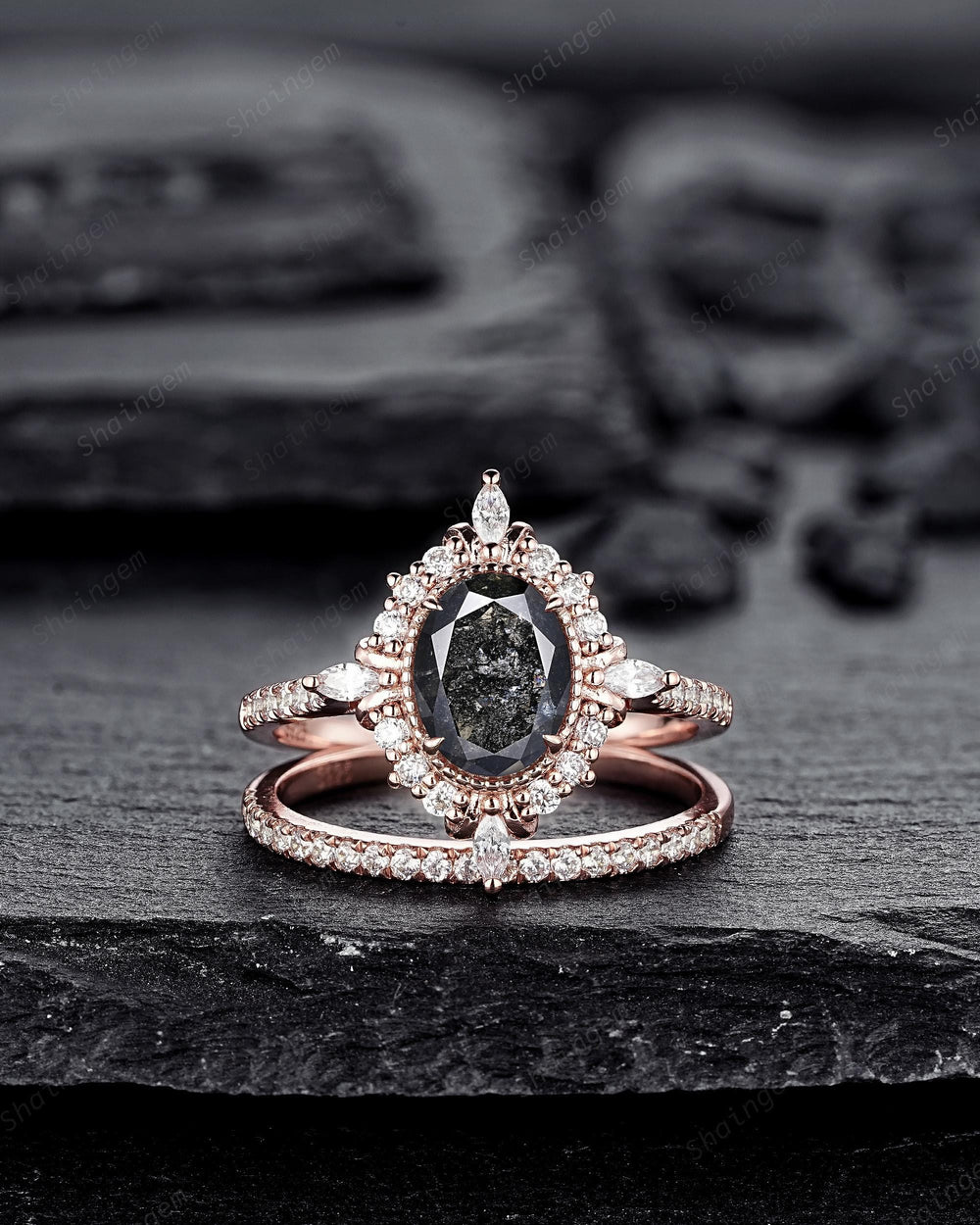 Natural Salt and Pepper Diamond Halo Engagement Ring, Peekaboo Setting Gray Diamond Floral Promise Ring Rose Gold Black Diamond Wedding Ring - ShainJewelry