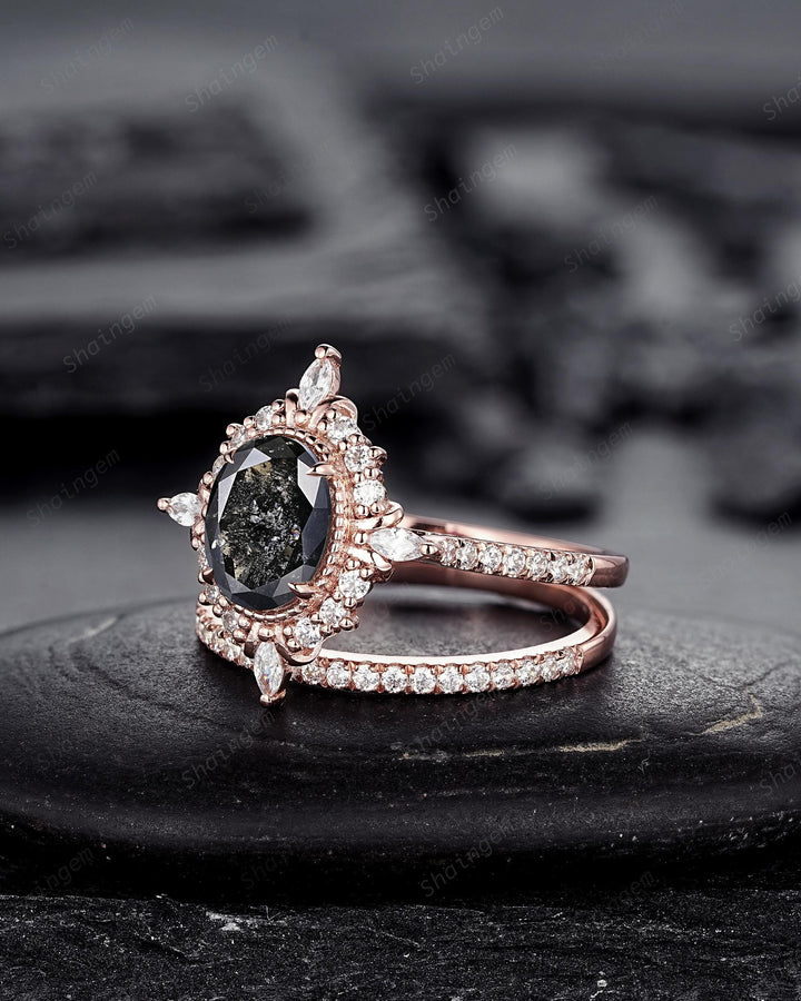 Natural Salt and Pepper Diamond Halo Engagement Ring, Peekaboo Setting Gray Diamond Floral Promise Ring Rose Gold Black Diamond Wedding Ring - ShainJewelry