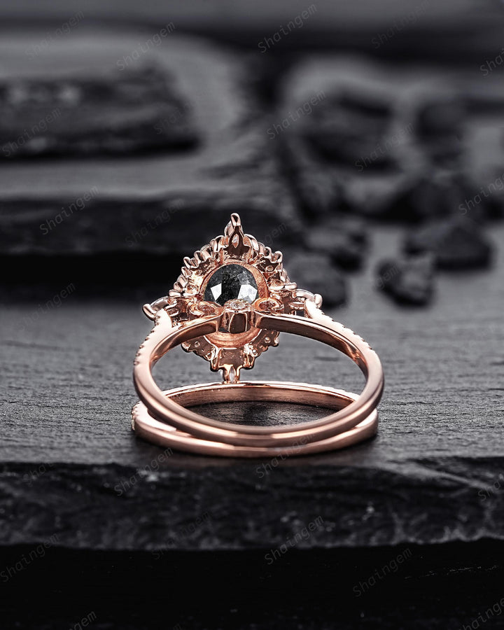 Natural Salt and Pepper Diamond Halo Engagement Ring, Peekaboo Setting Gray Diamond Floral Promise Ring Rose Gold Black Diamond Wedding Ring - ShainJewelry