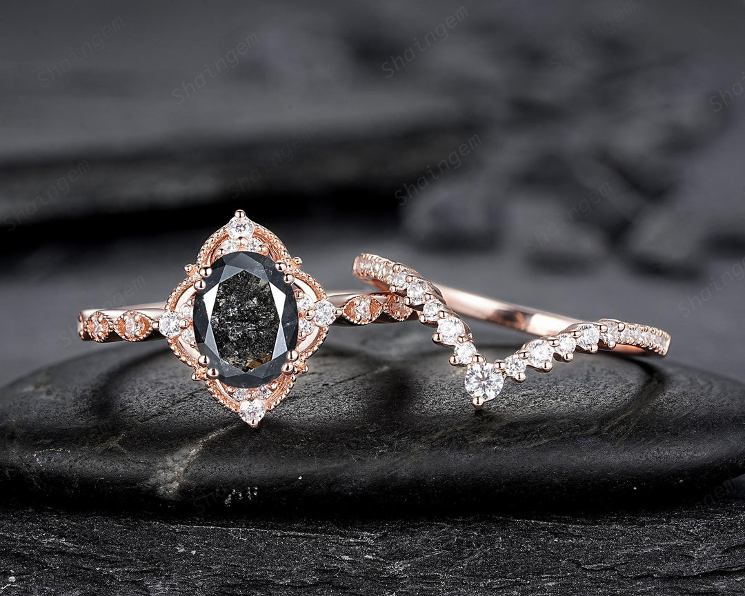 Nature Salt and Pepper Diamond Floral Engagement Ring, Oval Shape Gray Diamond Halo Promise Ring, Rose Gold Diamond Wedding Ring for Women - ShainJewelry