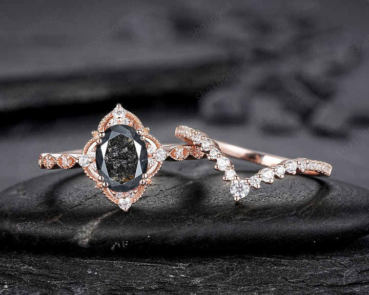 Nature Salt and Pepper Diamond Floral Engagement Ring, Oval Shape Gray Diamond Halo Promise Ring, Rose Gold Diamond Wedding Ring for Women - ShainJewelry