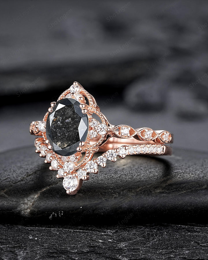 Nature Salt and Pepper Diamond Floral Engagement Ring, Oval Shape Gray Diamond Halo Promise Ring, Rose Gold Diamond Wedding Ring for Women - ShainJewelry