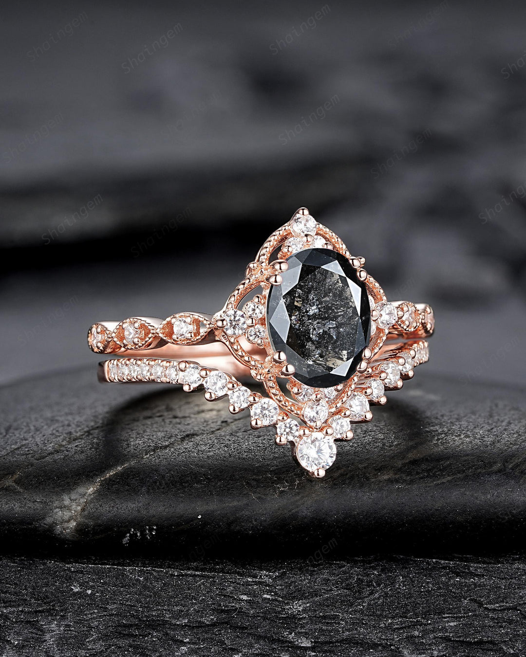 Nature Salt and Pepper Diamond Floral Engagement Ring, Oval Shape Gray Diamond Halo Promise Ring, Rose Gold Diamond Wedding Ring for Women - ShainJewelry