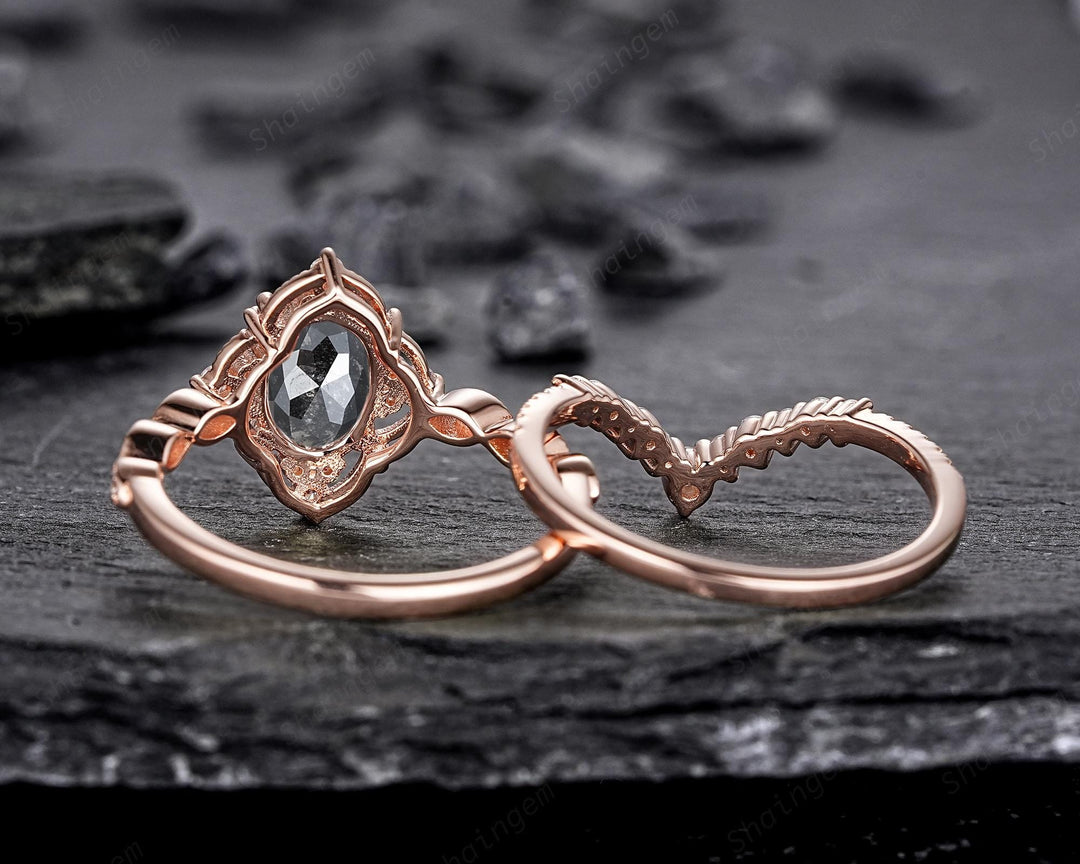 Nature Salt and Pepper Diamond Floral Engagement Ring, Oval Shape Gray Diamond Halo Promise Ring, Rose Gold Diamond Wedding Ring for Women - ShainJewelry