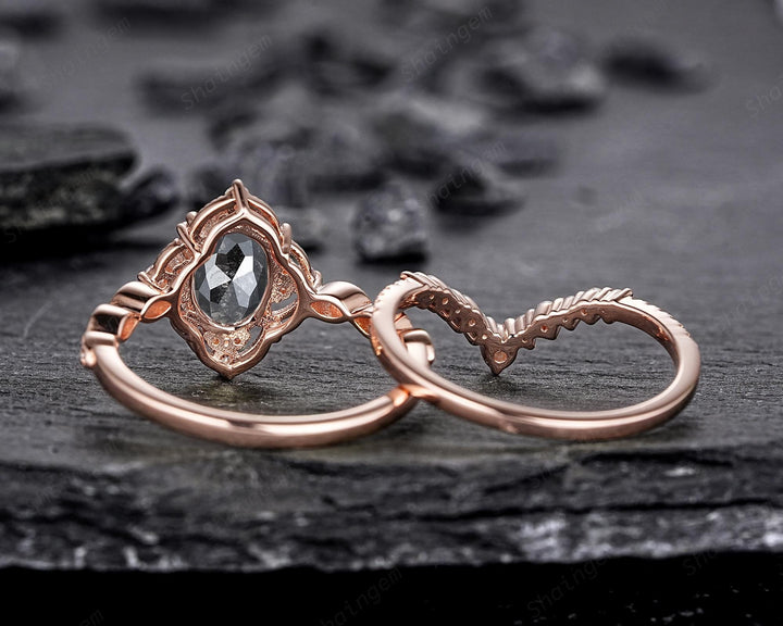 Nature Salt and Pepper Diamond Floral Engagement Ring, Oval Shape Gray Diamond Halo Promise Ring, Rose Gold Diamond Wedding Ring for Women - ShainJewelry