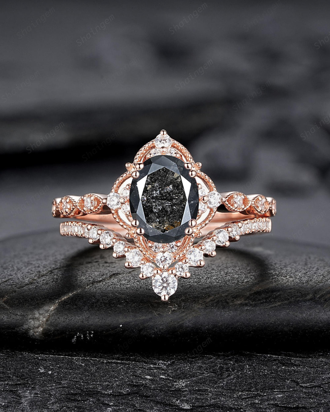 Nature Salt and Pepper Diamond Floral Engagement Ring, Oval Shape Gray Diamond Halo Promise Ring, Rose Gold Diamond Wedding Ring for Women - ShainJewelry