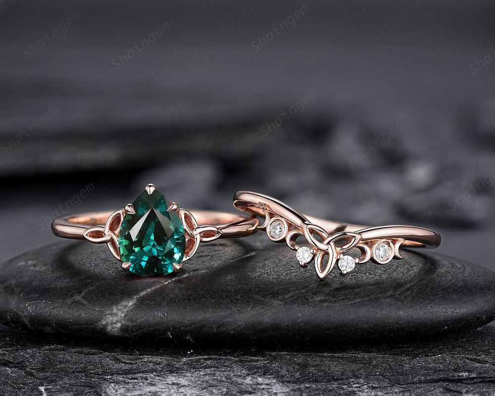 Celtic Knot Pear Shape Natural Teal Sapphire Engagement Ring, Vintage Rose Gold Sapphire Promise Wedding Ring Art Deco Bridal Set For Women - ShainJewelry