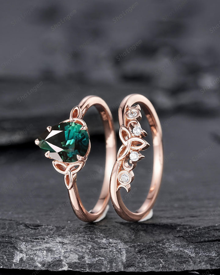Celtic Knot Pear Shape Natural Teal Sapphire Engagement Ring, Vintage Rose Gold Sapphire Promise Wedding Ring Art Deco Bridal Set For Women - ShainJewelry