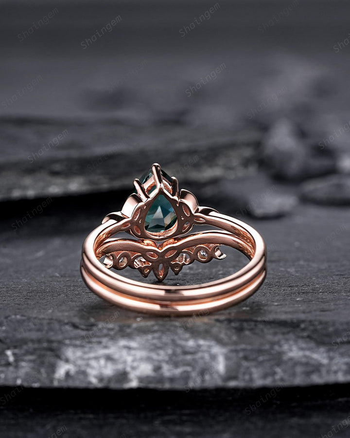 Celtic Knot Pear Shape Natural Teal Sapphire Engagement Ring, Vintage Rose Gold Sapphire Promise Wedding Ring Art Deco Bridal Set For Women - ShainJewelry