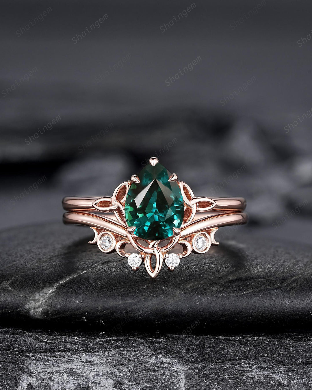 Celtic Knot Pear Shape Natural Teal Sapphire Engagement Ring, Vintage Rose Gold Sapphire Promise Wedding Ring Art Deco Bridal Set For Women - ShainJewelry