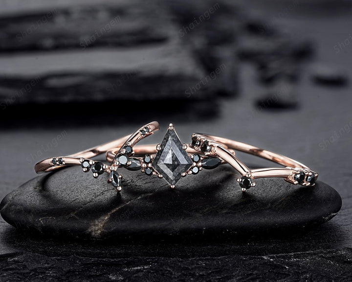 3PCS Kite Cut Natural Salt and Pepper Engagement Ring Set, V Shape Rose Gold Black Moissanite Promise Ring, Bridal Set Wedding Ring for her - ShainJewelry