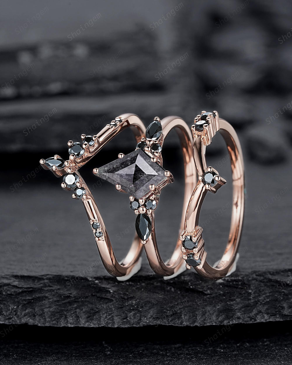 3PCS Kite Cut Natural Salt and Pepper Engagement Ring Set, V Shape Rose Gold Black Moissanite Promise Ring, Bridal Set Wedding Ring for her - ShainJewelry