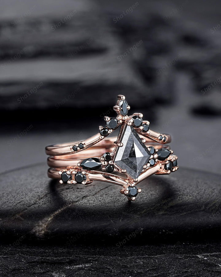 3PCS Kite Cut Natural Salt and Pepper Engagement Ring Set, V Shape Rose Gold Black Moissanite Promise Ring, Bridal Set Wedding Ring for her - ShainJewelry