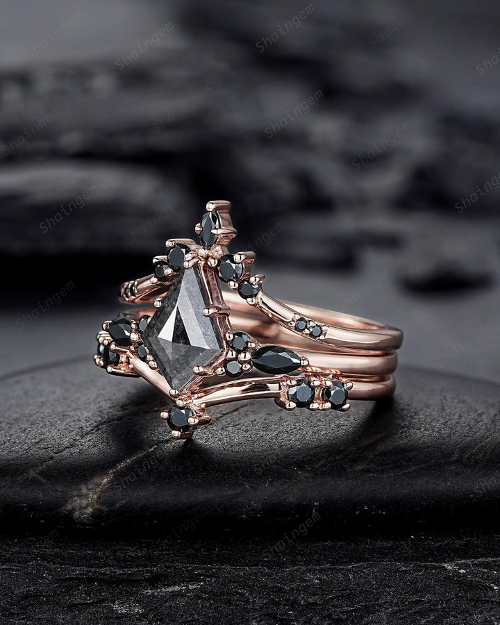 3PCS Kite Cut Natural Salt and Pepper Engagement Ring Set, V Shape Rose Gold Black Moissanite Promise Ring, Bridal Set Wedding Ring for her - ShainJewelry