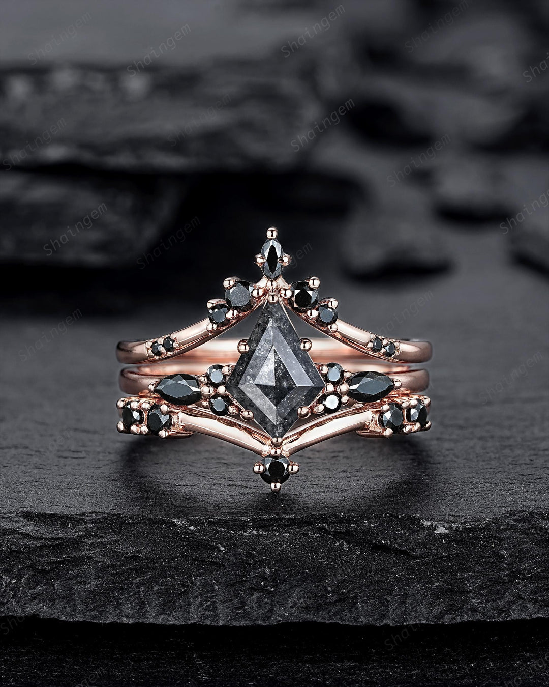 3PCS Kite Cut Natural Salt and Pepper Engagement Ring Set, V Shape Rose Gold Black Moissanite Promise Ring, Bridal Set Wedding Ring for her - ShainJewelry