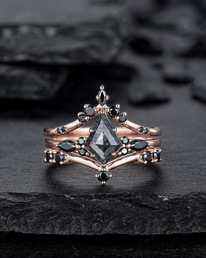 3PCS Kite Cut Natural Salt and Pepper Engagement Ring Set, V Shape Rose Gold Black Moissanite Promise Ring, Bridal Set Wedding Ring for her - ShainJewelry