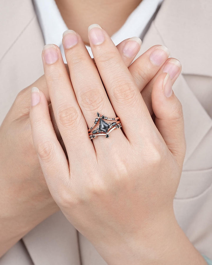 3PCS Kite Cut Natural Salt and Pepper Engagement Ring Set, V Shape Rose Gold Black Moissanite Promise Ring, Bridal Set Wedding Ring for her - ShainJewelry