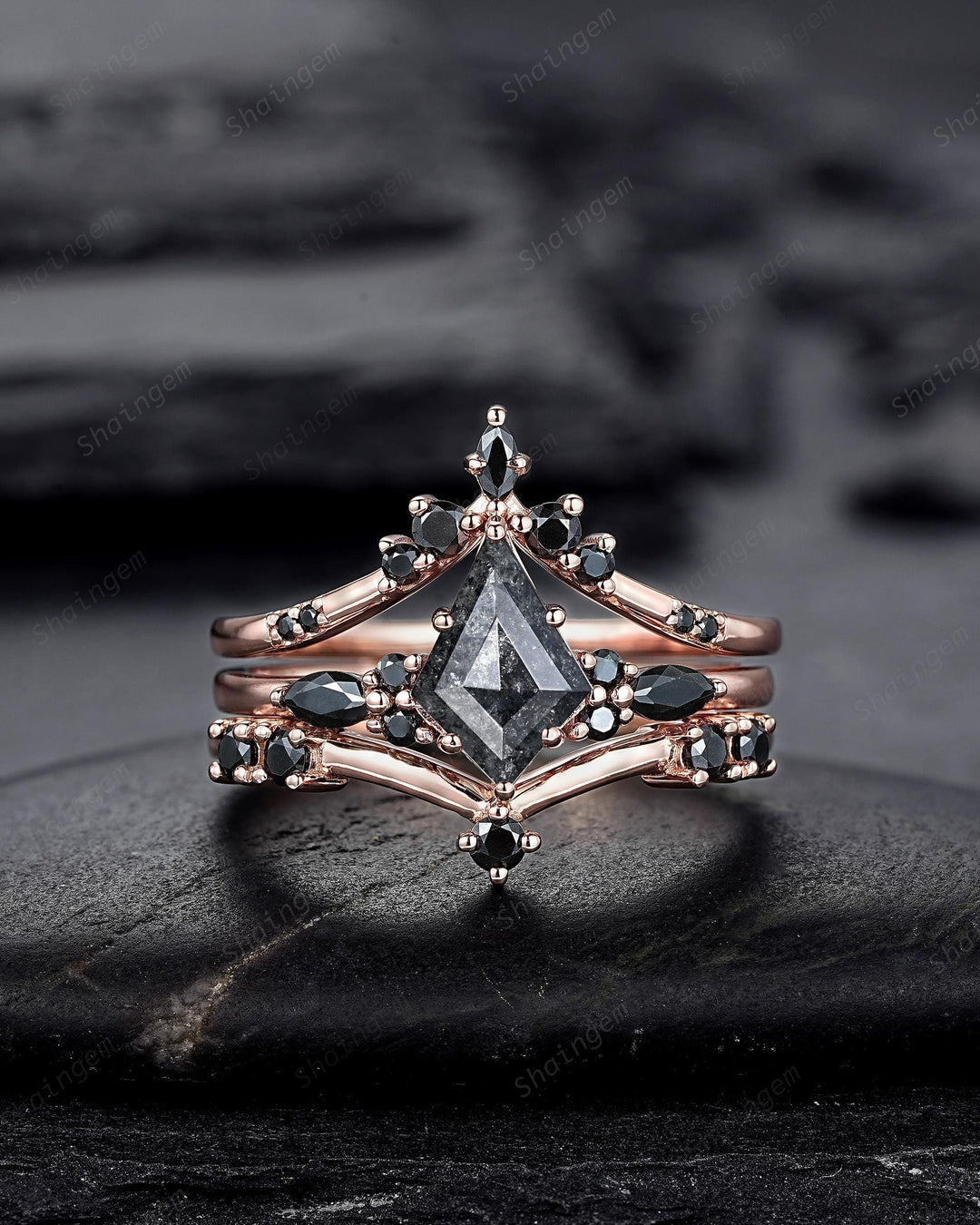 3PCS Kite Cut Natural Salt and Pepper Engagement Ring Set, V Shape Rose Gold Black Moissanite Promise Ring, Bridal Set Wedding Ring for her - ShainJewelry