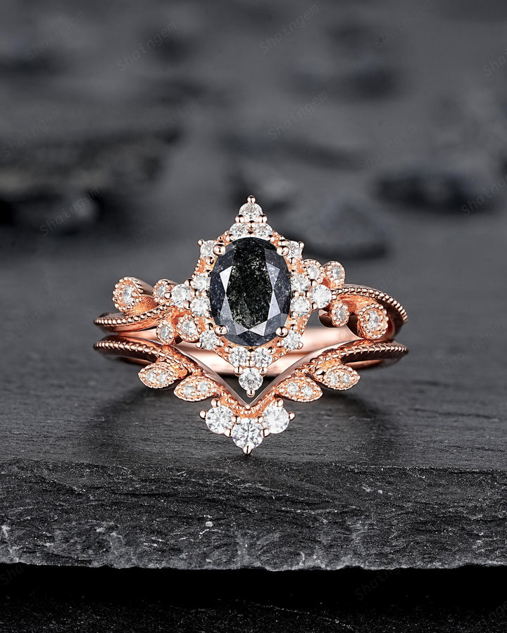 Oval Shape Natural Salt and Pepper Diamond Halo Engagement Ring, Diamond Leaf Promise Ring, Milgrain Rose Gold Black Diamond Wedding Ring - ShainJewelry