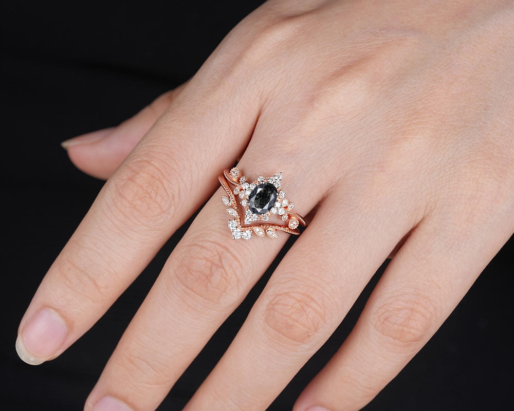 Oval Shape Natural Salt and Pepper Diamond Halo Engagement Ring, Diamond Leaf Promise Ring, Milgrain Rose Gold Black Diamond Wedding Ring - ShainJewelry