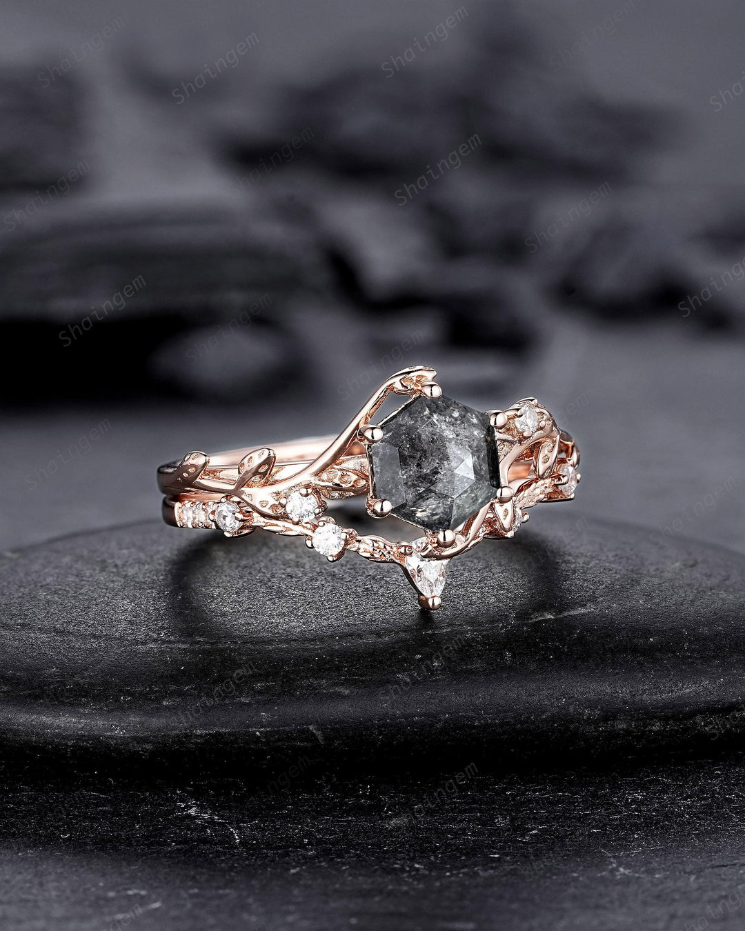 Natural Inspired Hexagon Cut Salt and Pepper Diamond Engagement Ring, Diamond Leaf Promise Ring, Rose Gold Black Diamond Twig Wedding Ring - ShainJewelry
