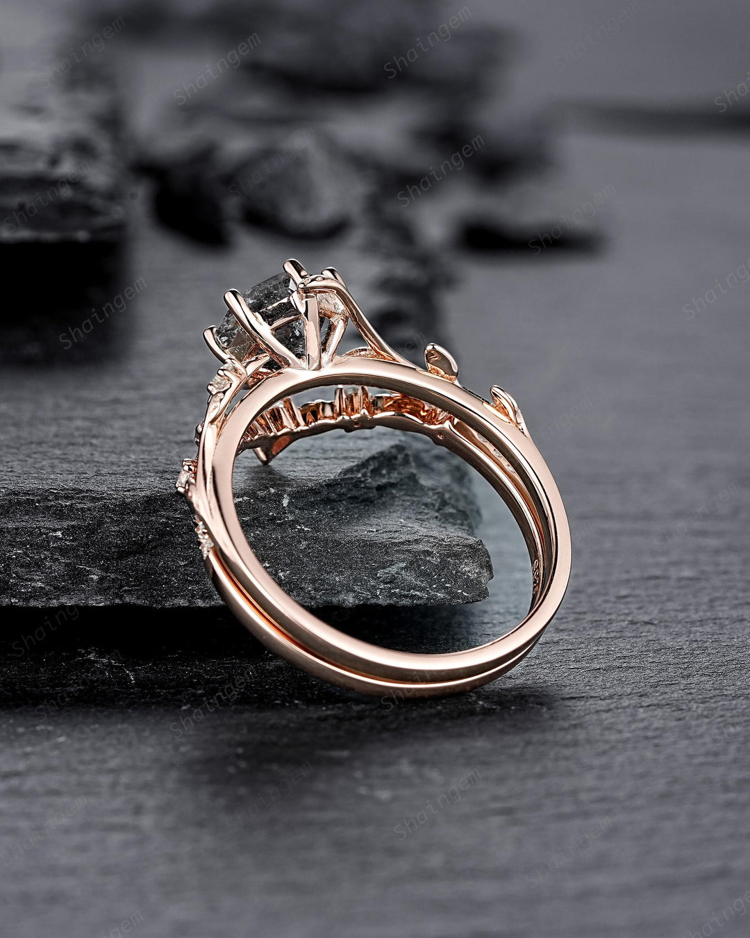 Natural Inspired Hexagon Cut Salt and Pepper Diamond Engagement Ring, Diamond Leaf Promise Ring, Rose Gold Black Diamond Twig Wedding Ring - ShainJewelry