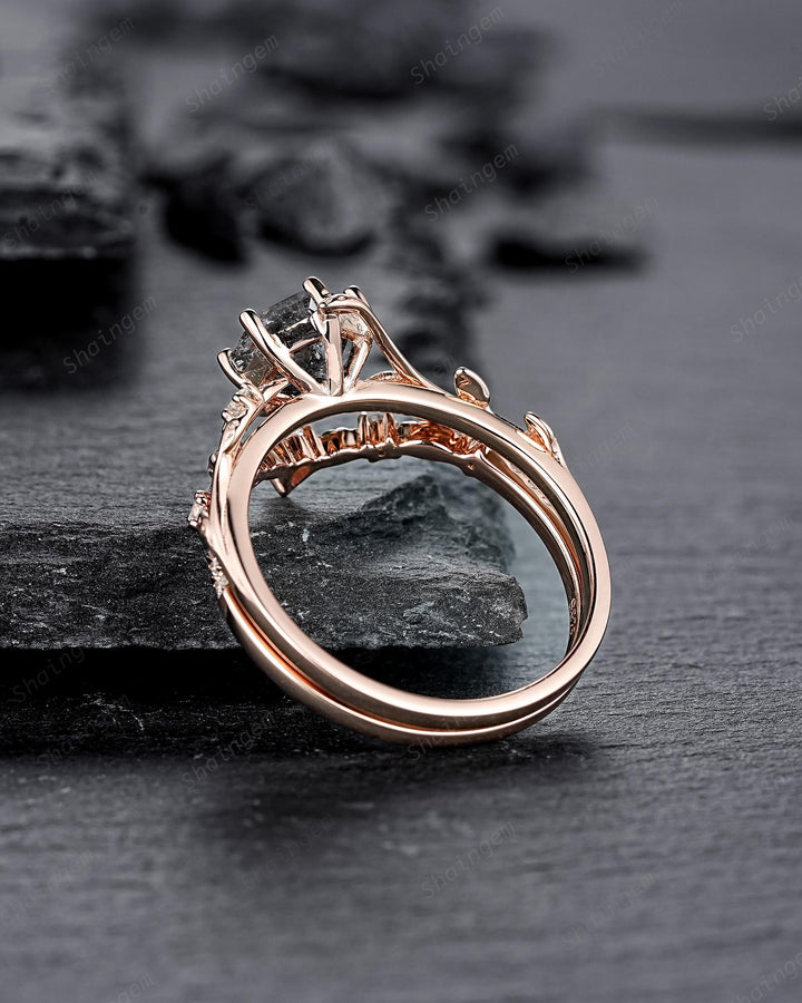 Natural Inspired Hexagon Cut Salt and Pepper Diamond Engagement Ring, Diamond Leaf Promise Ring, Rose Gold Black Diamond Twig Wedding Ring - ShainJewelry