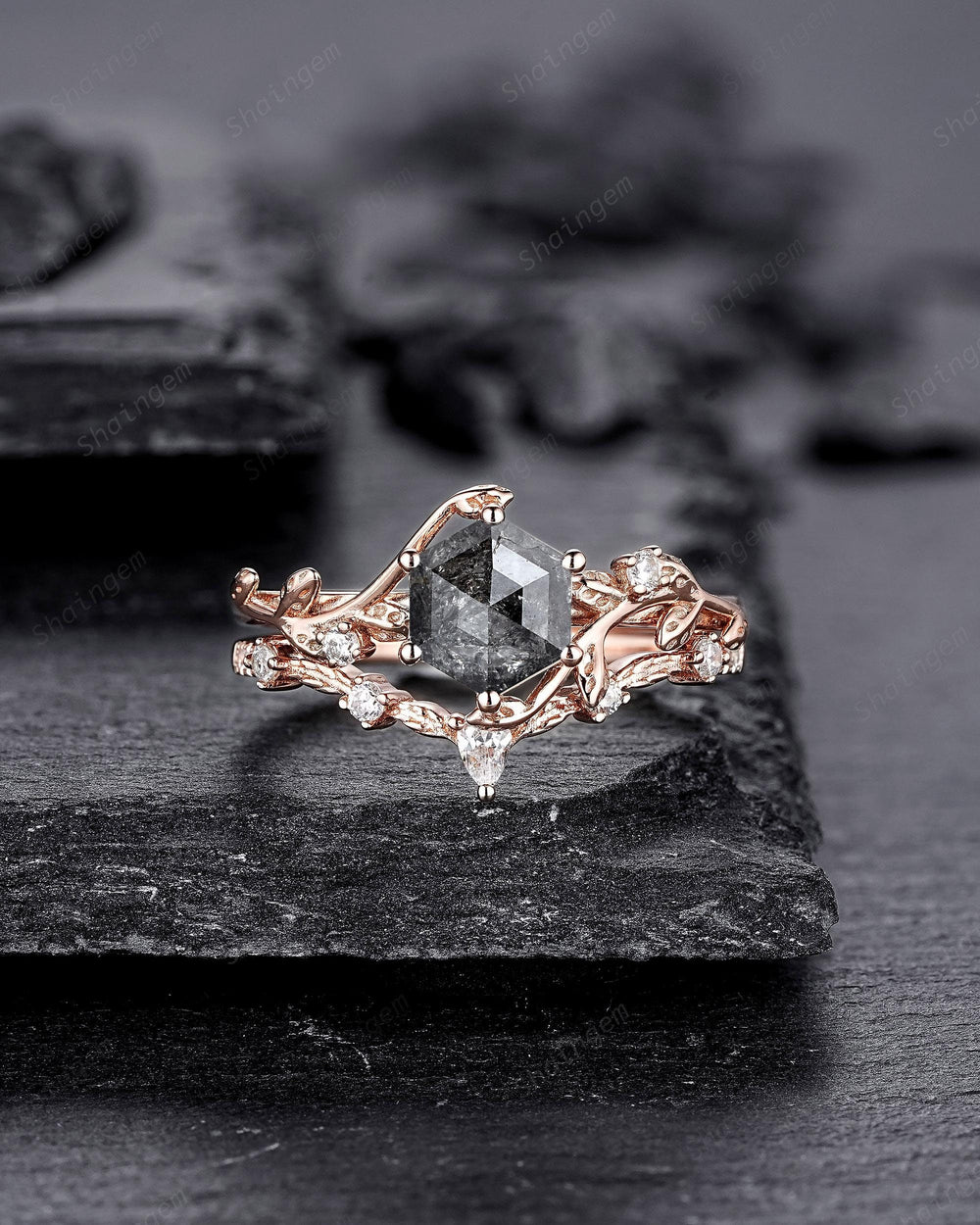 Natural Inspired Hexagon Cut Salt and Pepper Diamond Engagement Ring, Diamond Leaf Promise Ring, Rose Gold Black Diamond Twig Wedding Ring - ShainJewelry