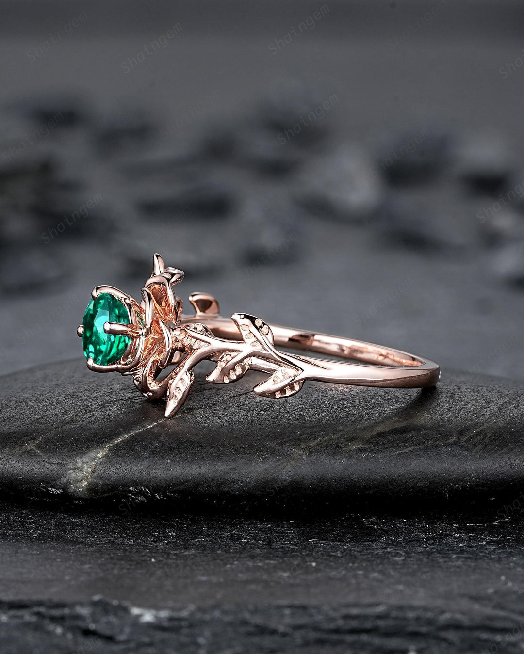 Vintage Round Cut Emerald Solitaire Engagement Ring, Leaf Promise Ring, Nature Inspired Rose Flower Wedding Ring, Rose Gold Ring for Women - ShainJewelry