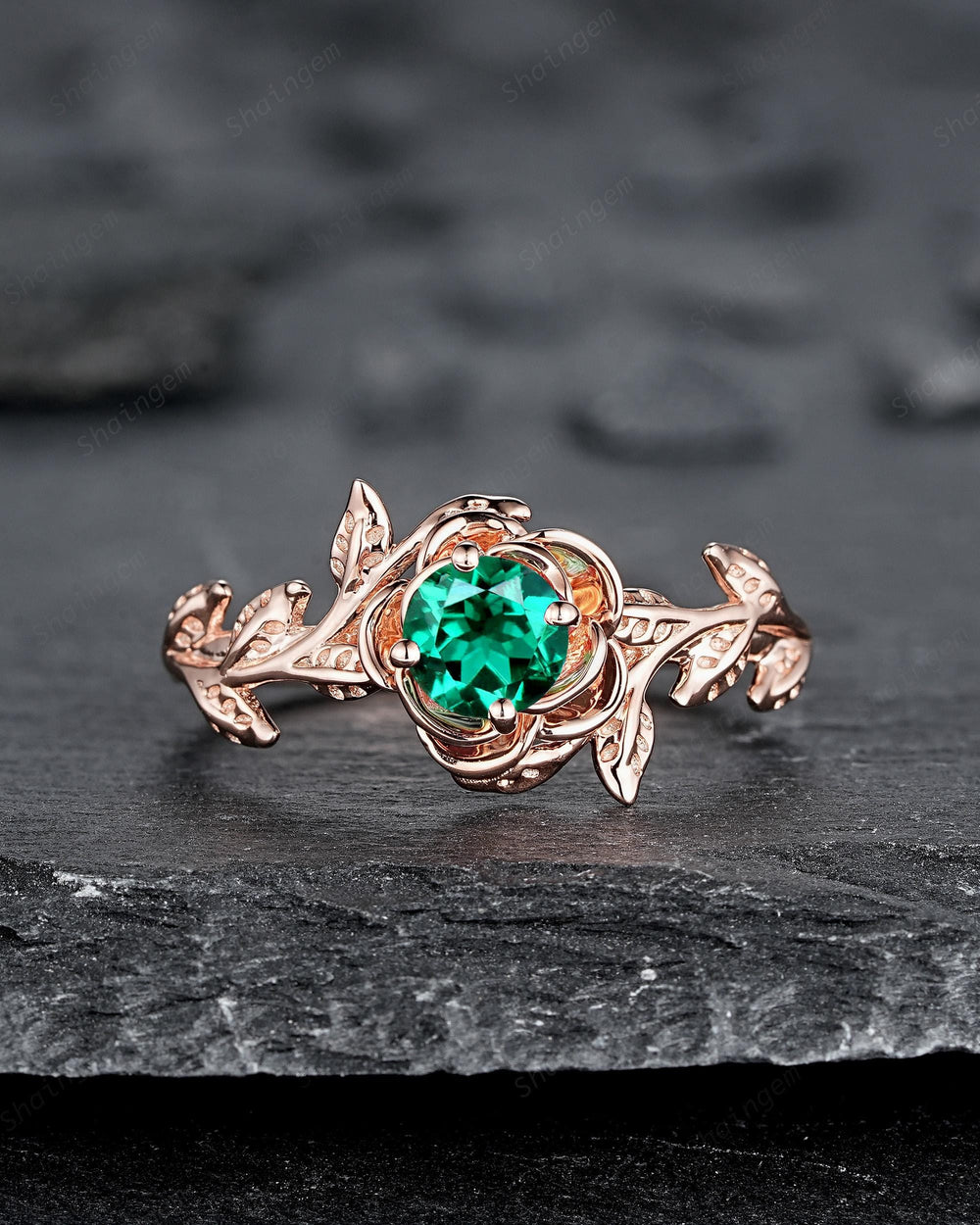 Vintage Round Cut Emerald Solitaire Engagement Ring, Leaf Promise Ring, Nature Inspired Rose Flower Wedding Ring, Rose Gold Ring for Women - ShainJewelry