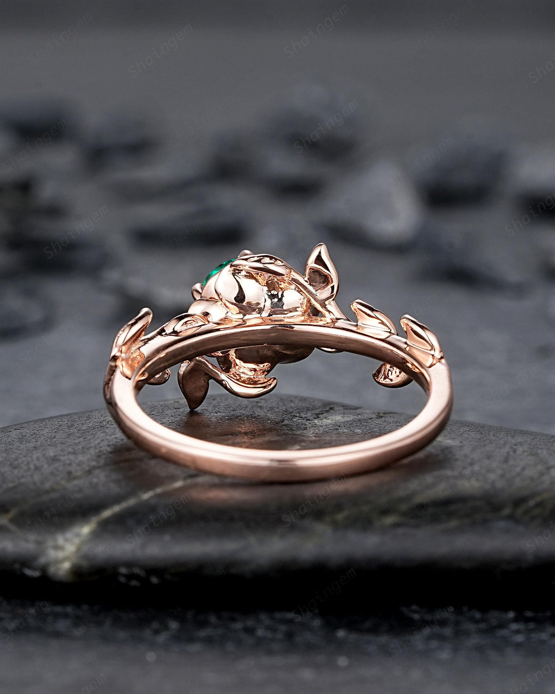 Vintage Round Cut Emerald Solitaire Engagement Ring, Leaf Promise Ring, Nature Inspired Rose Flower Wedding Ring, Rose Gold Ring for Women - ShainJewelry