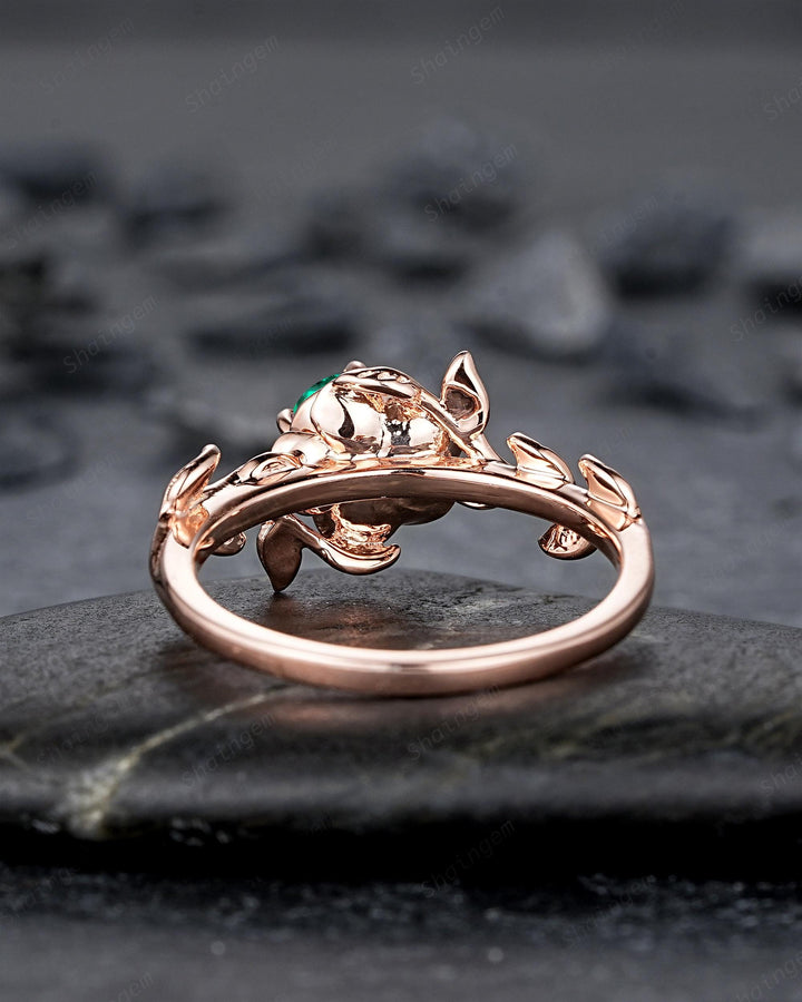 Vintage Round Cut Emerald Solitaire Engagement Ring, Leaf Promise Ring, Nature Inspired Rose Flower Wedding Ring, Rose Gold Ring for Women - ShainJewelry