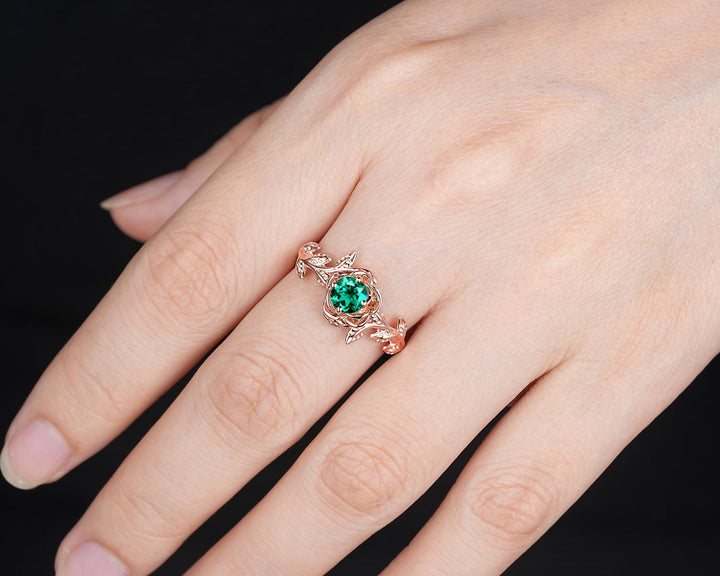 Vintage Round Cut Emerald Solitaire Engagement Ring, Leaf Promise Ring, Nature Inspired Rose Flower Wedding Ring, Rose Gold Ring for Women - ShainJewelry