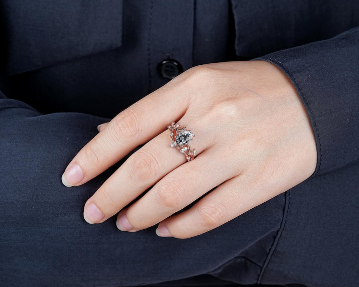Nature Inspired Oval Cut Gray Moissanite Leaf Engagement Ring, Unique Rose Gold Grey Moissanite Twig Branch Wedding Promise Anniversary Ring - ShainJewelry