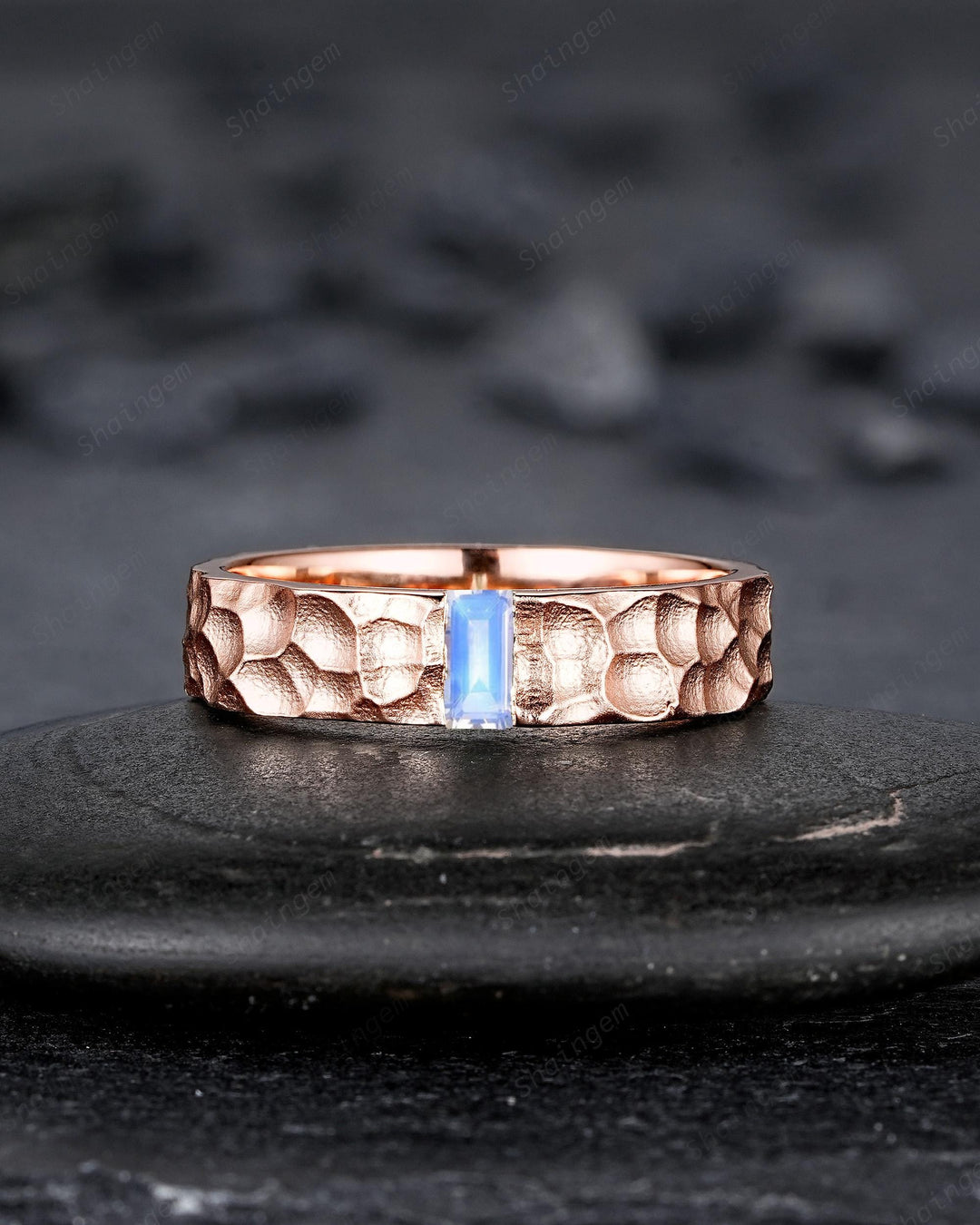 Hammered Design His and Hers Baguette Moonstone Couple Ring Set, Rose Gold Wedding Band, Matching Band, Promise Ring Men's Women's Band - ShainJewelry