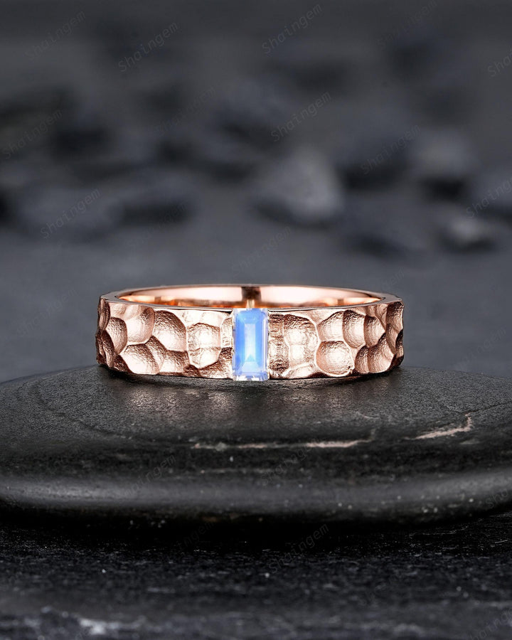 Hammered Design His and Hers Baguette Moonstone Couple Ring Set, Rose Gold Wedding Band, Matching Band, Promise Ring Men's Women's Band - ShainJewelry