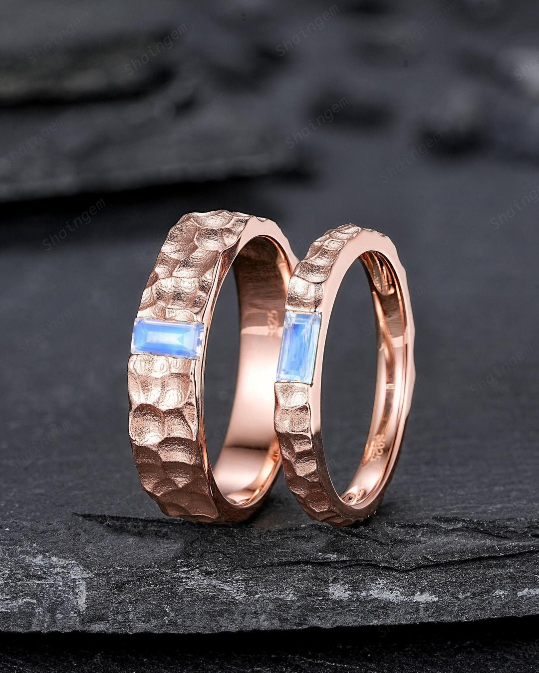 Hammered Design His and Hers Baguette Moonstone Couple Ring Set, Rose Gold Wedding Band, Matching Band, Promise Ring Men's Women's Band - ShainJewelry