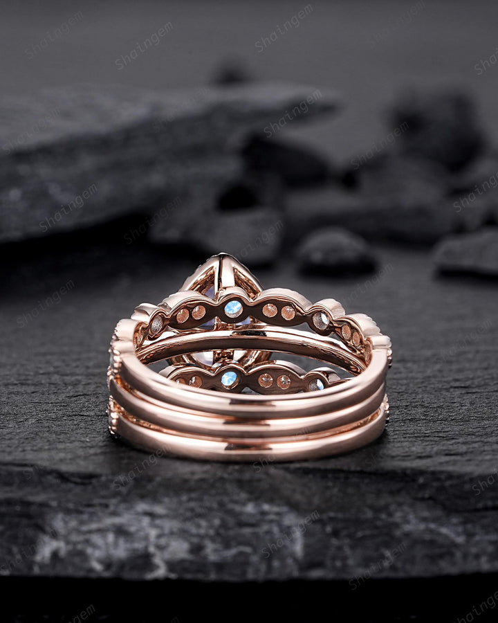 3PCS Pear Shape Natural Moonstone Halo Engagement Ring Set, Vintage Rose Gold Bridal Set, Unique June Birthstone Promise Ring Gift for Women - ShainJewelry