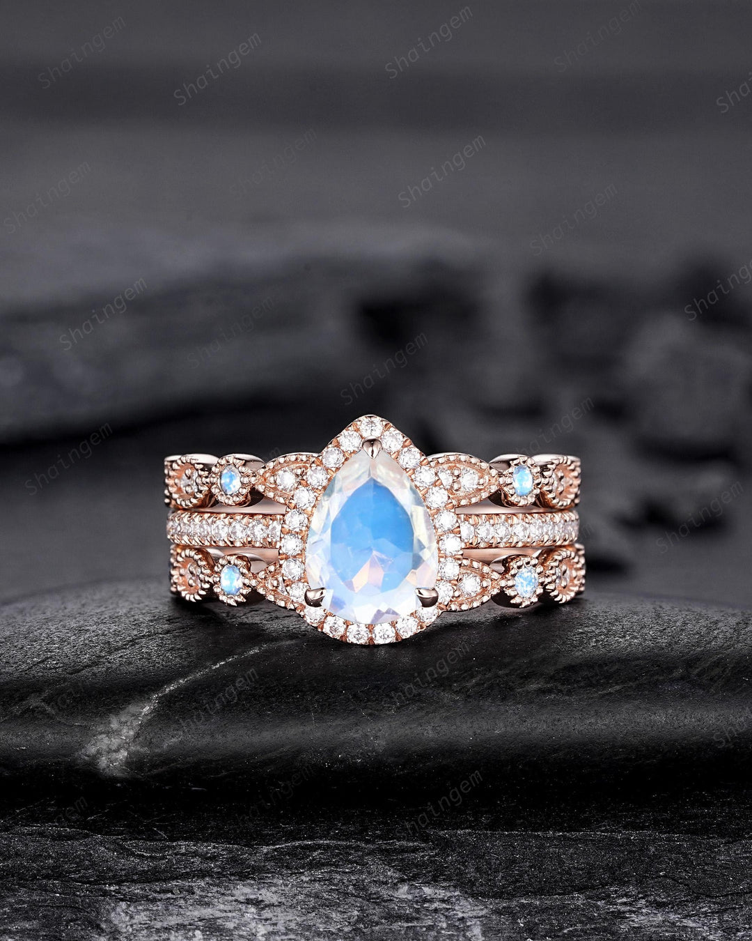 3PCS Pear Shape Natural Moonstone Halo Engagement Ring Set, Vintage Rose Gold Bridal Set, Unique June Birthstone Promise Ring Gift for Women - ShainJewelry